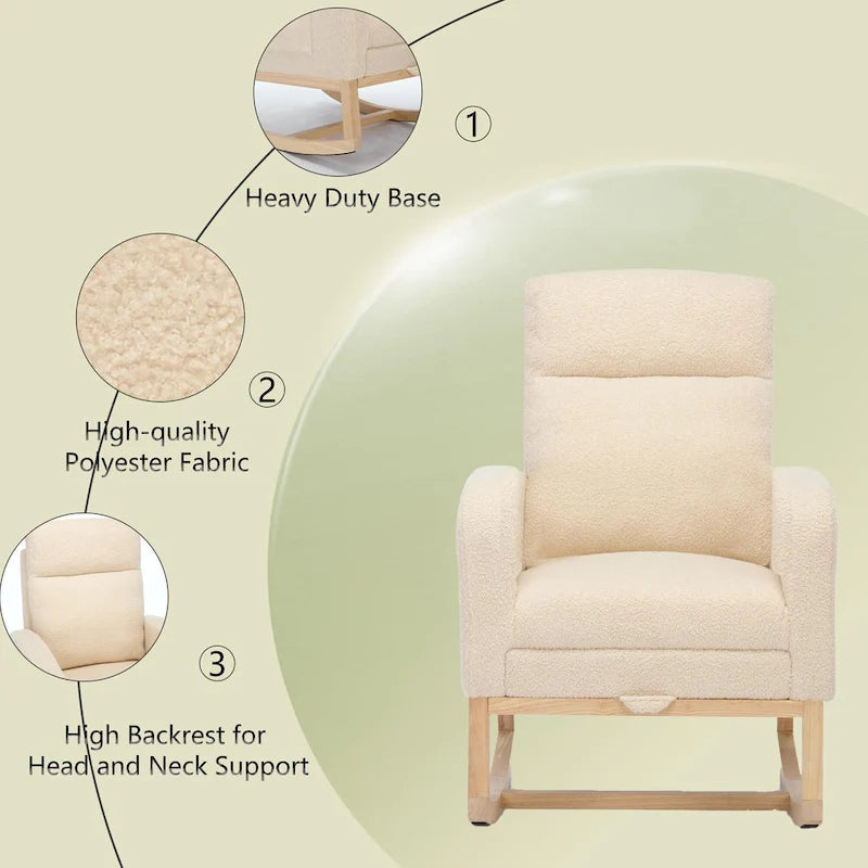 Moderna sedia a dondolo imbottita con schienale alto da 29,5 pollici, gambe in legno massello e poggiapiedi regolabile