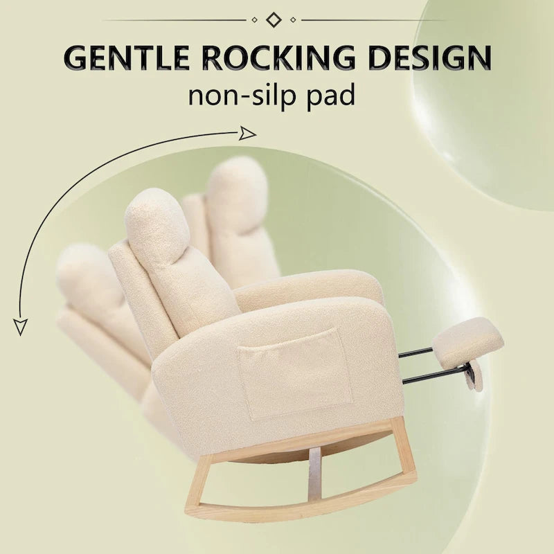 Moderna sedia a dondolo imbottita con schienale alto da 29,5 pollici, gambe in legno massello e poggiapiedi regolabile