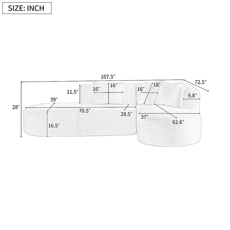 Divano angolare a 4 posti in poliestere 107,5 con design curvo e cuciture larghe