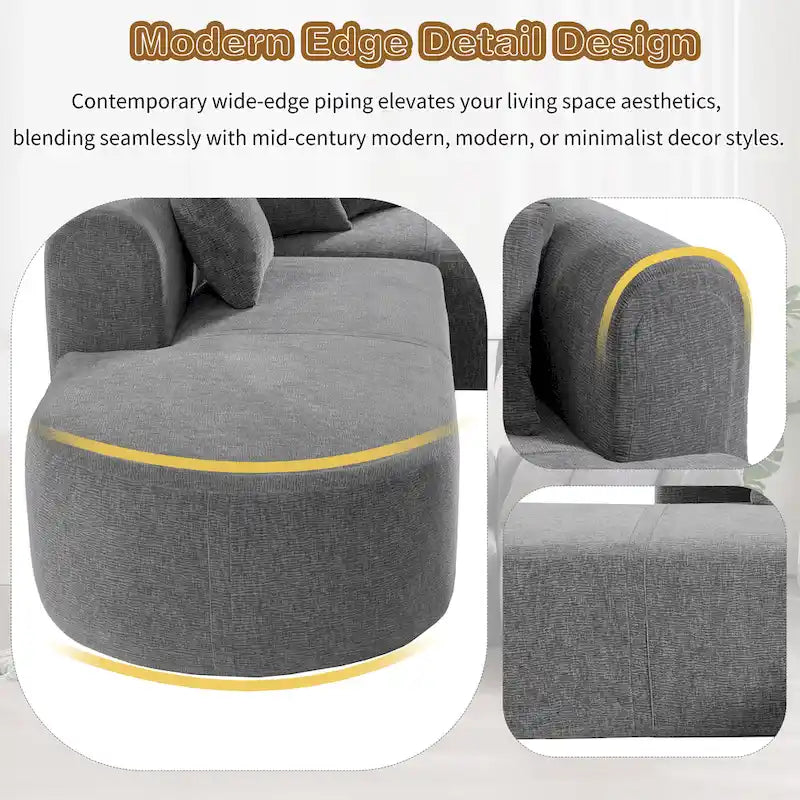 Divano angolare a 4 posti in poliestere 107,5 con design curvo e cuciture larghe