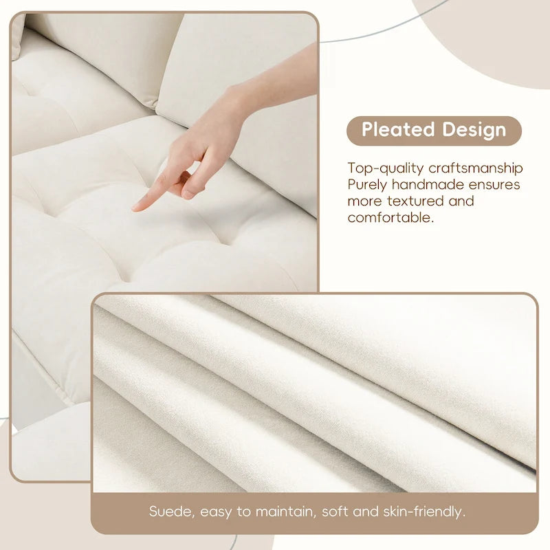 Divano componibile a 4 posti a forma di L con pouf rimovibile e cuscini coordinati, rivestimento in velluto scamosciato