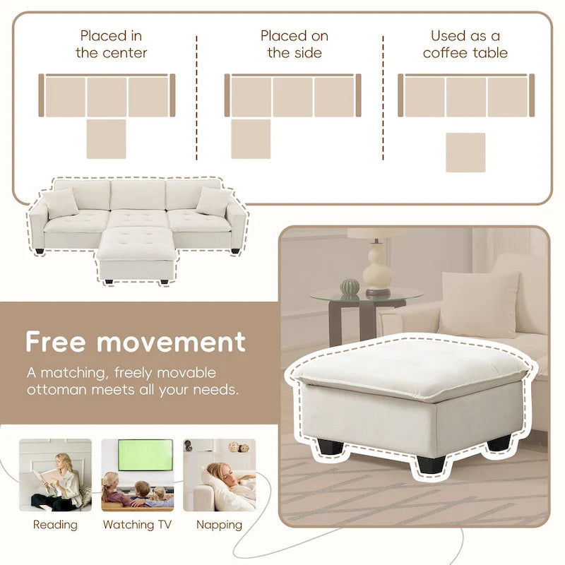 Divano componibile a 4 posti a forma di L con pouf rimovibile e cuscini coordinati, rivestimento in velluto scamosciato