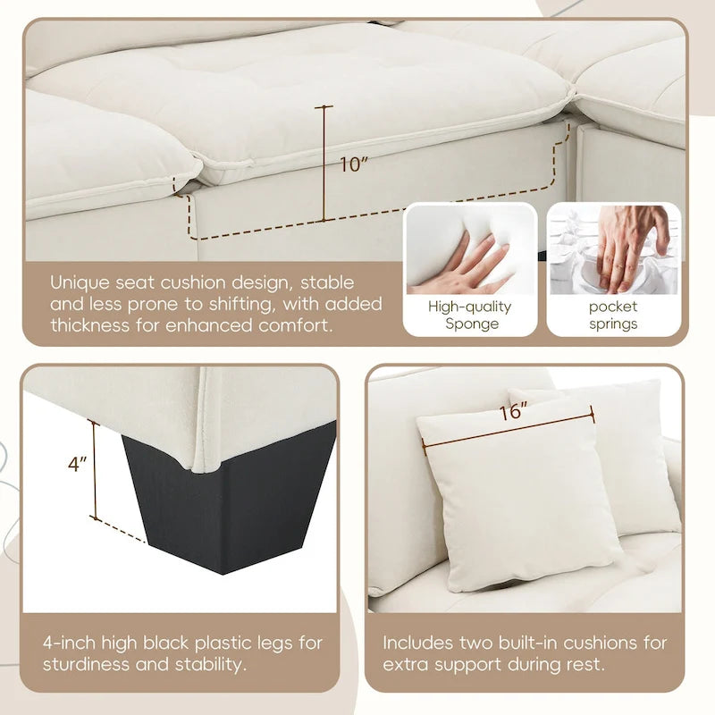 Divano componibile a 4 posti a forma di L con pouf rimovibile e cuscini coordinati, rivestimento in velluto scamosciato