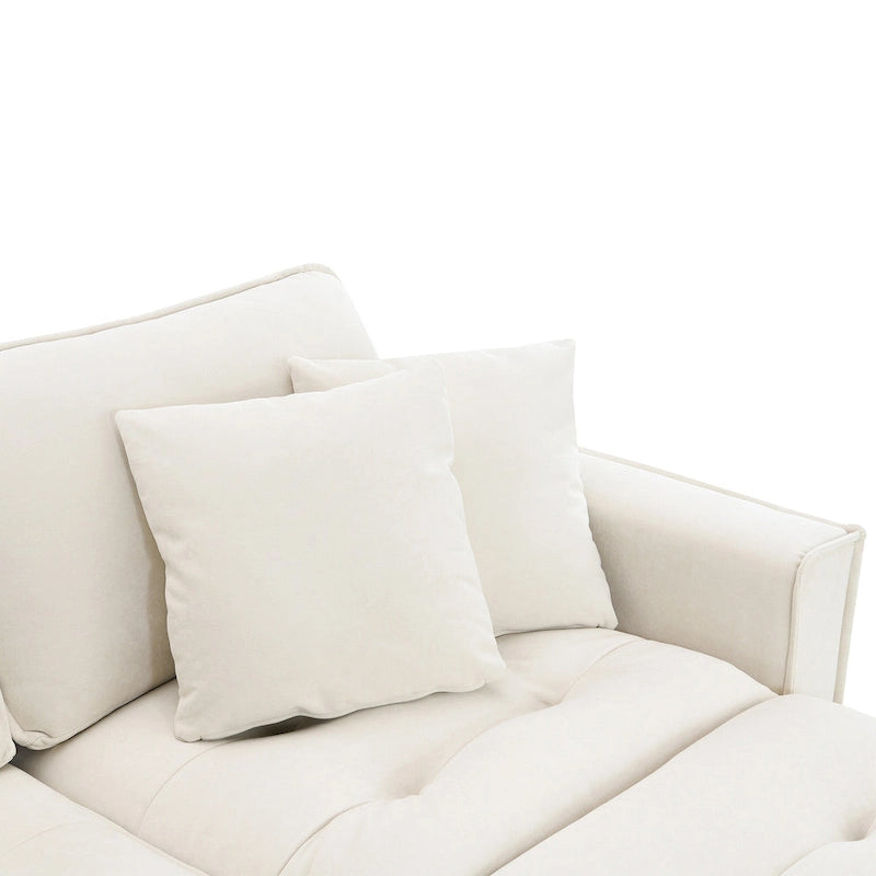 Divano componibile a 4 posti a forma di L con pouf rimovibile e cuscini coordinati, rivestimento in velluto scamosciato