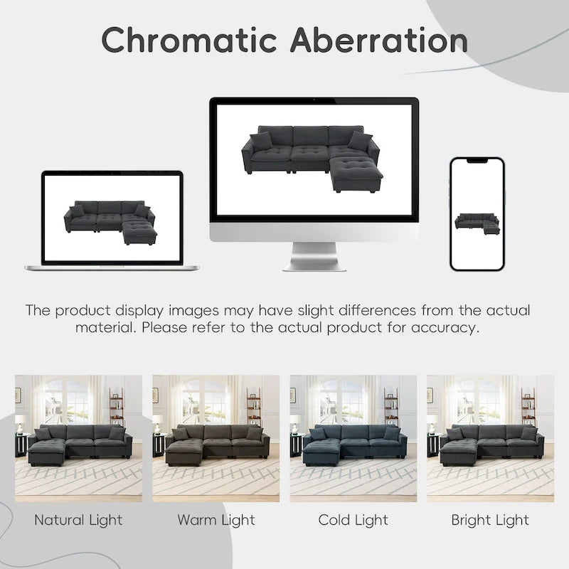 Divano componibile a 4 posti a forma di L con pouf rimovibile e cuscini coordinati, rivestimento in velluto scamosciato