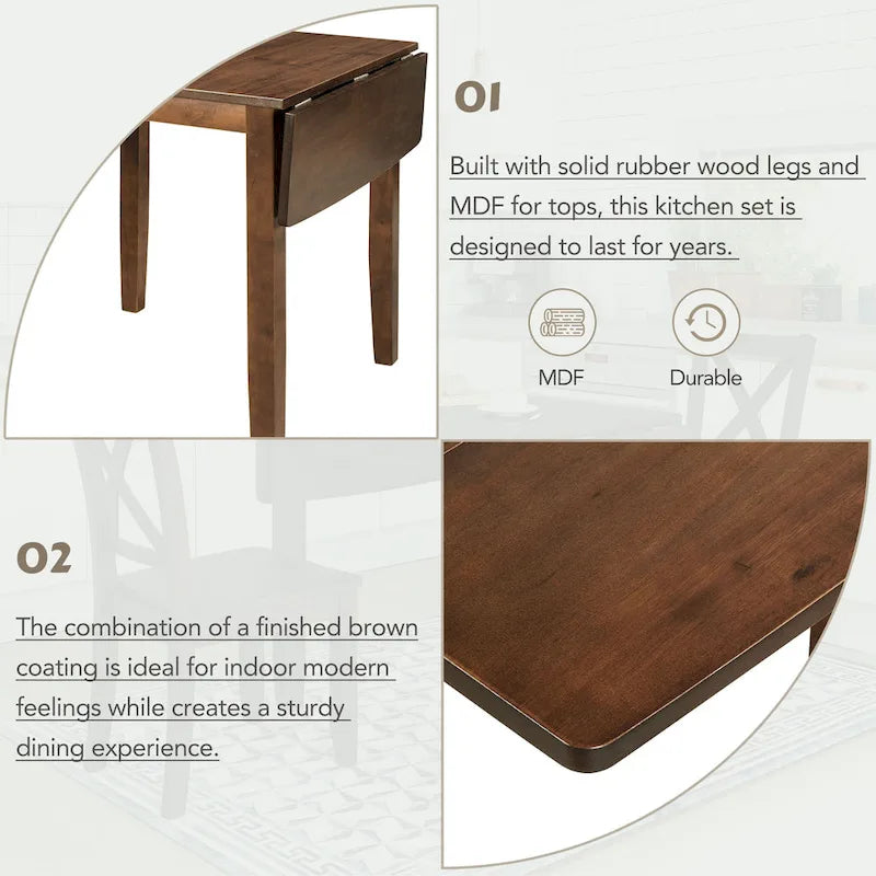 Set da pranzo con tavolo da colazione in legno da 3 pezzi con tavolo a ribalta