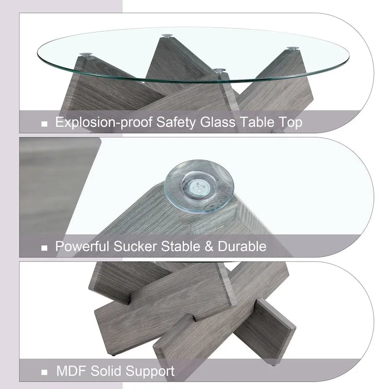 Tavolino da caffè rotondo moderno da 33,4 pollici con piano in vetro temperato trasparente e gambe in MDF per soggiorno