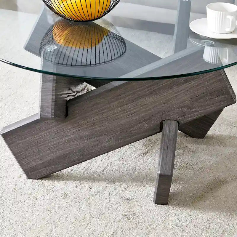 Tavolino da caffè rotondo moderno da 33,4 pollici con piano in vetro temperato trasparente e gambe in MDF per soggiorno