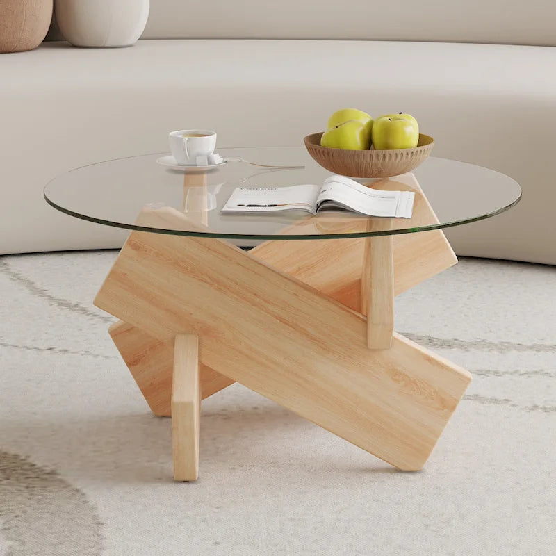 Tavolino da caffè rotondo moderno da 33,4 pollici con piano in vetro temperato trasparente e gambe in MDF per soggiorno