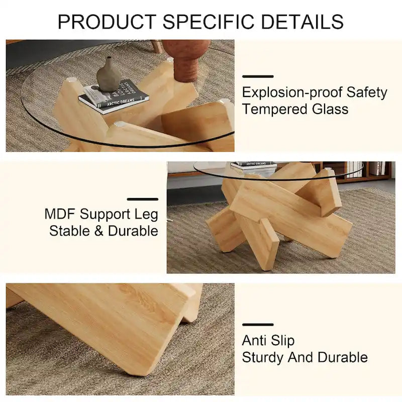 Tavolino da caffè rotondo moderno da 33,4 pollici con piano in vetro temperato trasparente e gambe in MDF per soggiorno