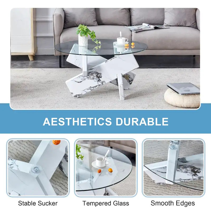 Tavolino da caffè rotondo moderno da 33,4 pollici con piano in vetro temperato trasparente e gambe in MDF per soggiorno