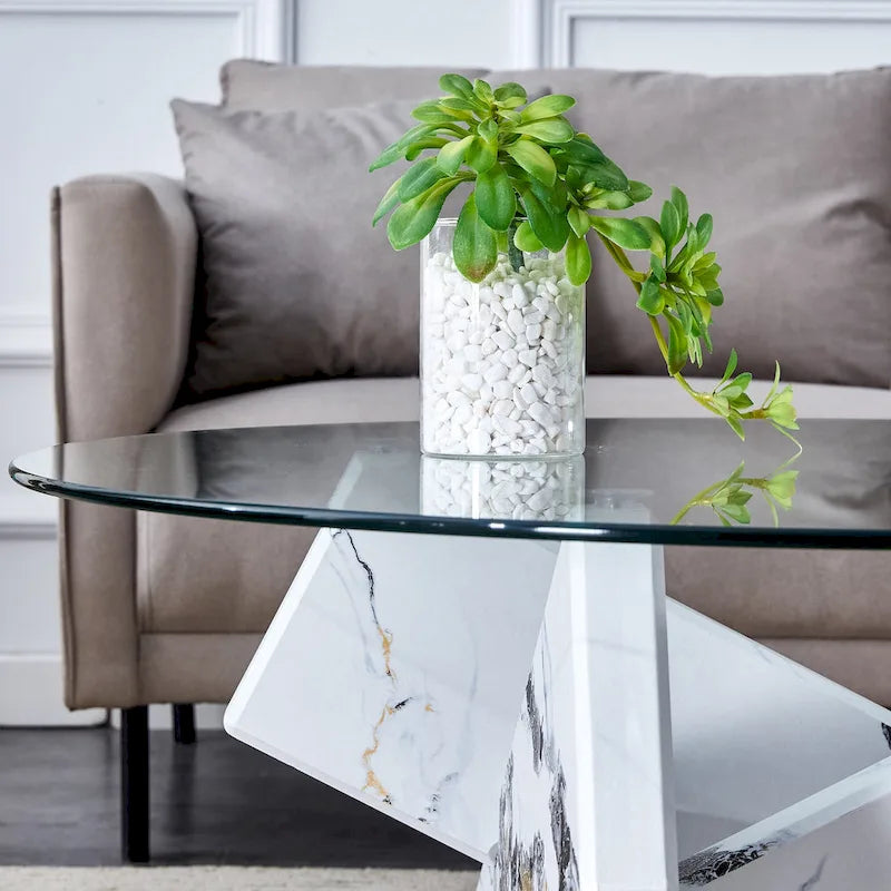 Tavolino da caffè rotondo moderno da 33,4 pollici con piano in vetro temperato trasparente e gambe in MDF per soggiorno