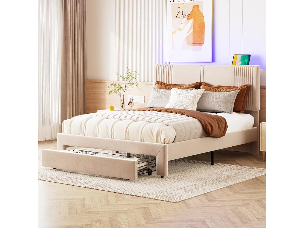 Letto in velluto beige, 140 x 200 cm - dlz1766569434180