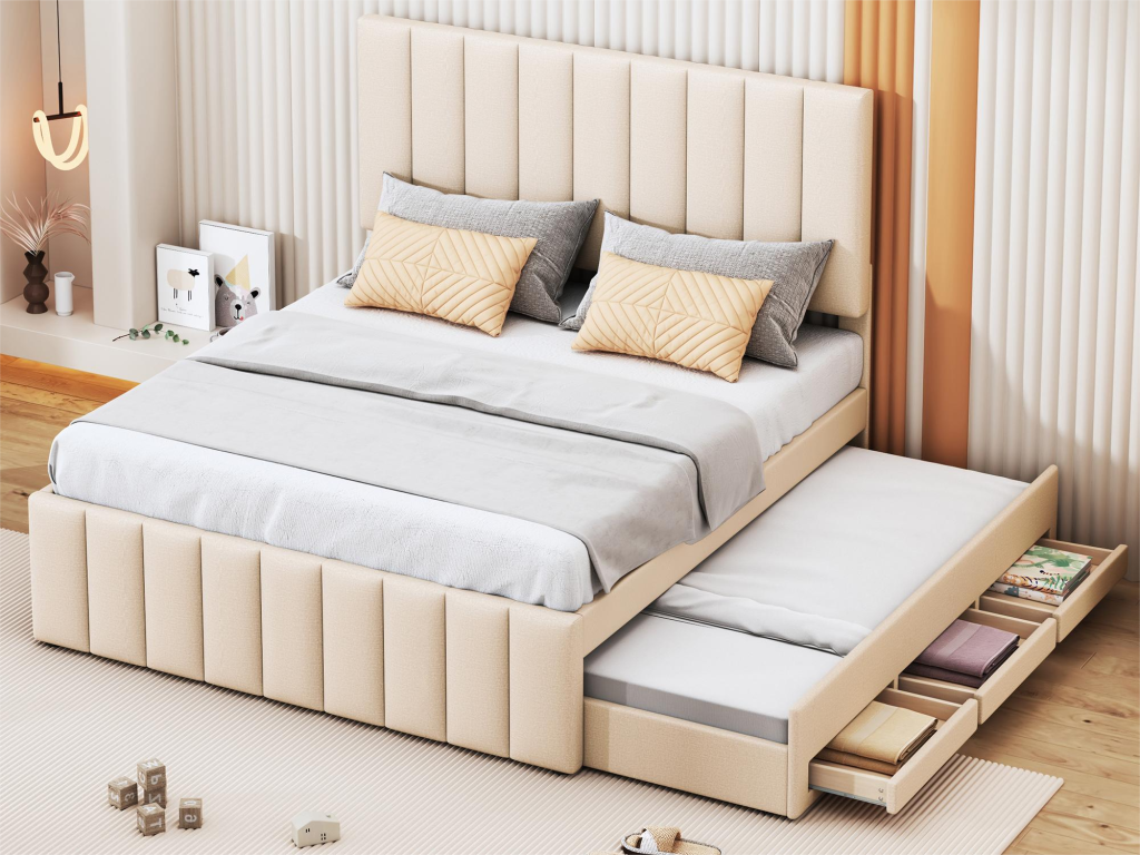 Letto in tessuto beige, 140 x 200 cm