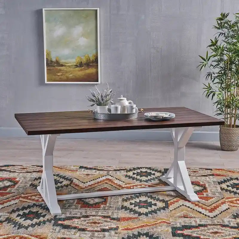 Cassia Farmhouse Traditional Table Acacia Wood with Legs by Christopher Knight Home - dark brown + white