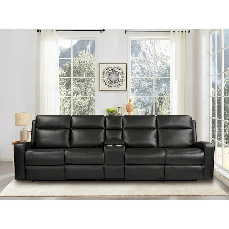 Divano reclinabile elettrico a 4 posti in vera pelle per soggiorno con consolle, porta USB, poggiatesta regolabile