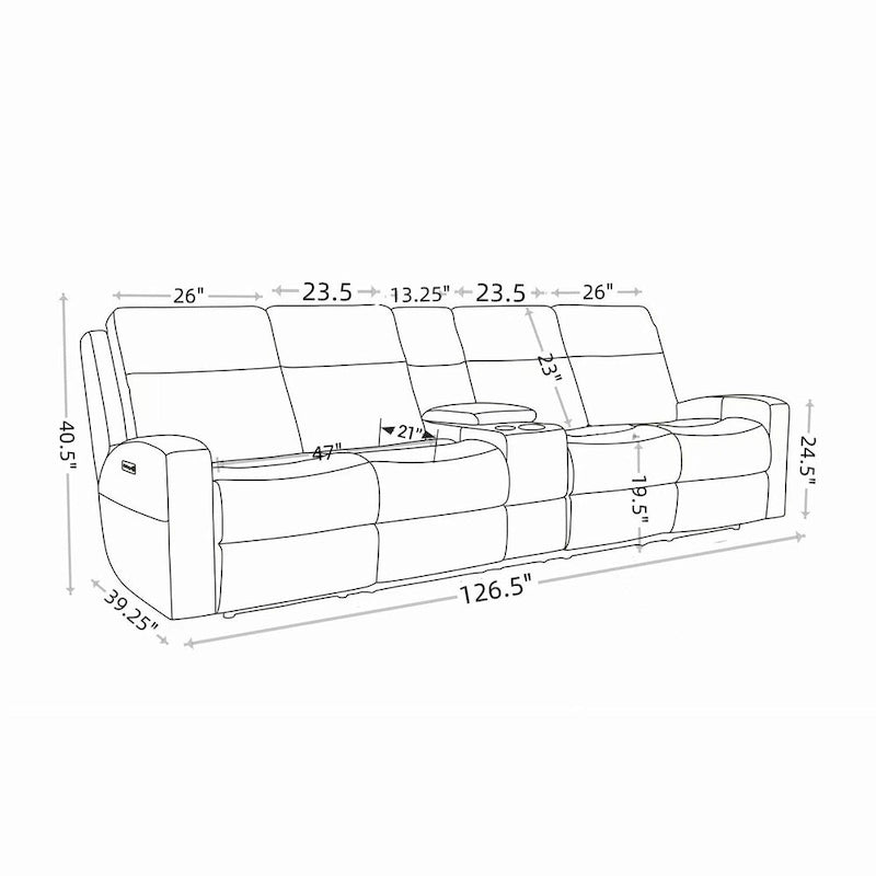 Divano reclinabile elettrico a 4 posti in vera pelle per soggiorno con consolle, porta USB, poggiatesta regolabile