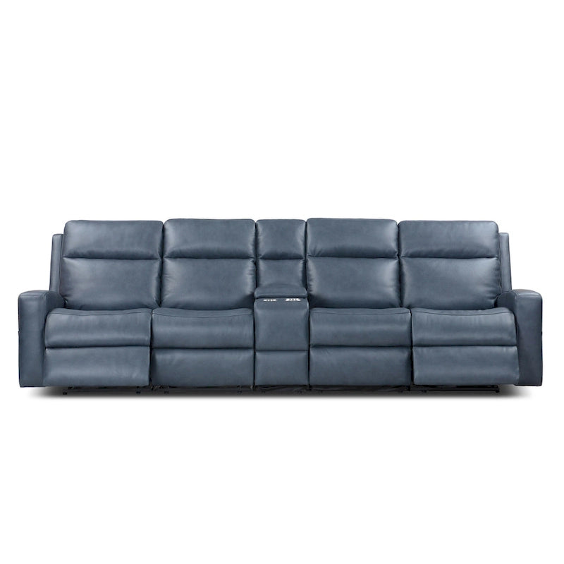 Divano reclinabile elettrico a 4 posti in vera pelle per soggiorno con consolle, porta USB, poggiatesta regolabile