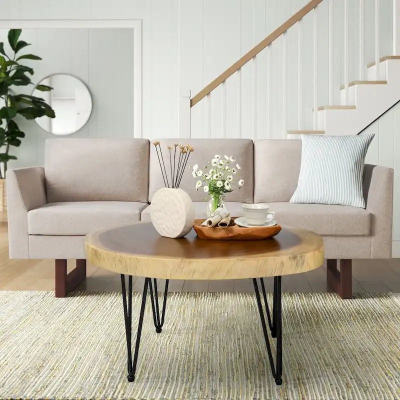 Tavolino da caffè rotondo in legno massello naturale