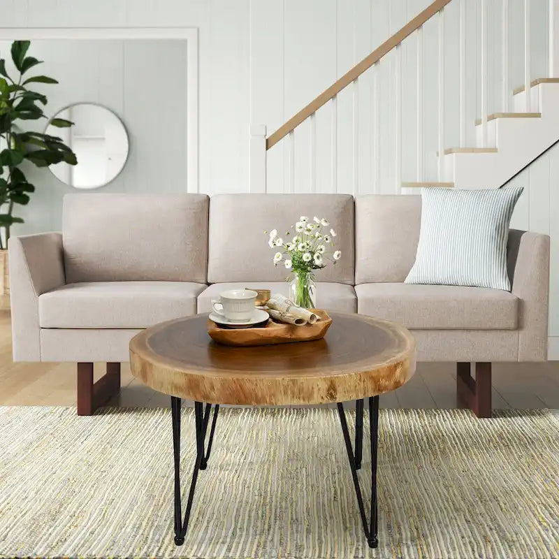 Tavolino da caffè rotondo in legno massello naturale