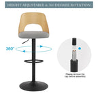 Set di 2 sgabelli da bar girevoli regolabili con seduta rivestita in tessuto e schienale in legno curvato