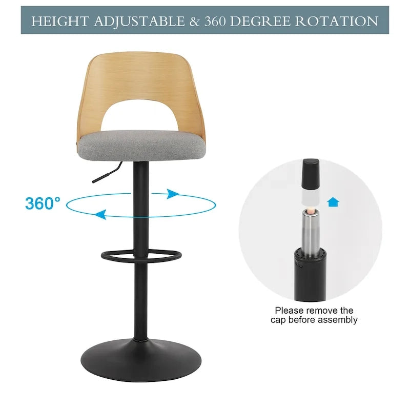 Set di 2 sgabelli da bar girevoli regolabili con seduta rivestita in tessuto e schienale in legno curvato