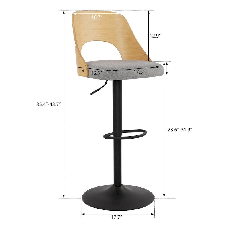 Set di 2 sgabelli da bar girevoli regolabili con seduta rivestita in tessuto e schienale in legno curvato
