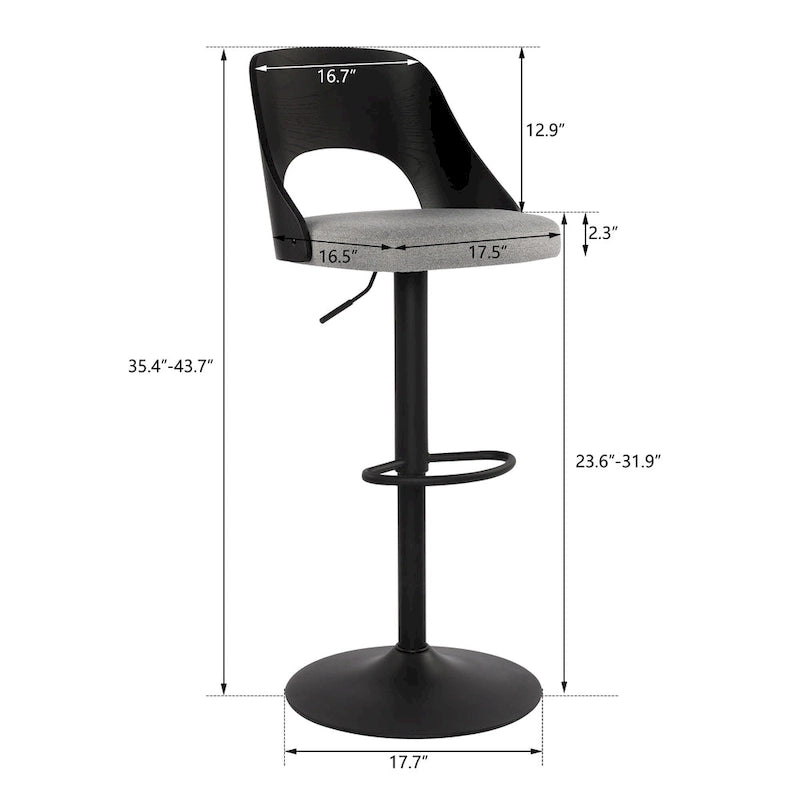 Set di 2 sgabelli da bar girevoli regolabili con seduta rivestita in tessuto e schienale in legno curvato