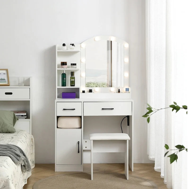 Vanity Table with Lighted Mirror and 3 Drawers and Storage Cabinet