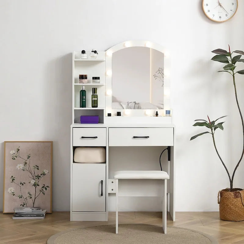 Tavolo da toeletta con specchio illuminato, 3 cassetti e mobiletto portaoggetti