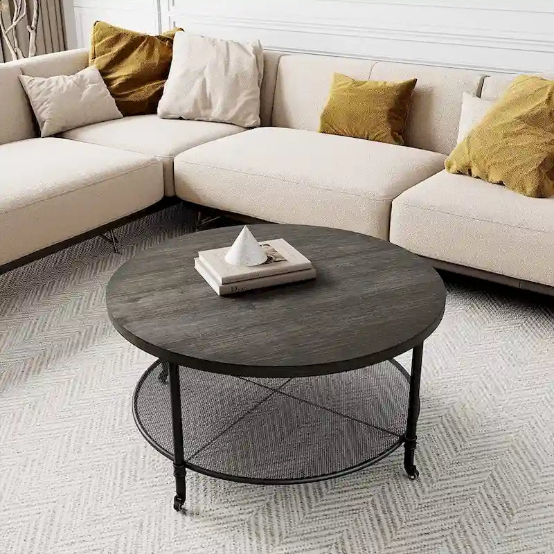 Round Industrial Coffee Table with Casters