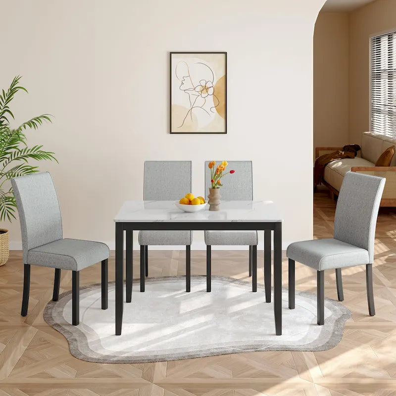 Set da pranzo Corvus Fowey da 5 pezzi, tavolo in MDF con adesivo in marmo e 4 sedie imbottite