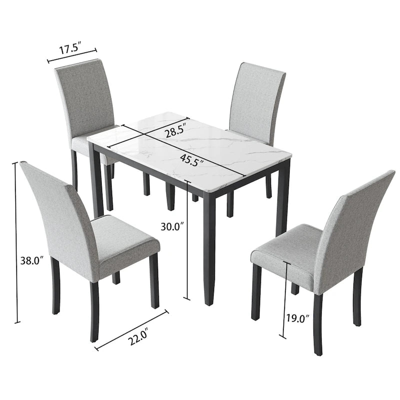 Set da pranzo Corvus Fowey da 5 pezzi, tavolo in MDF con adesivo in marmo e 4 sedie imbottite