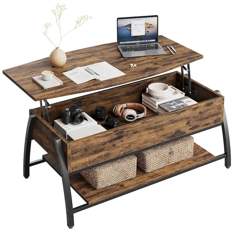 Tavolino da caffè ovale in legno con piano sollevabile e ripiani nascosti - 41,5 pollici