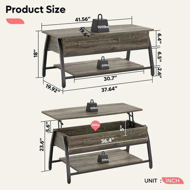 Tavolino da caffè ovale in legno con piano sollevabile e ripiani nascosti - 41,5 pollici