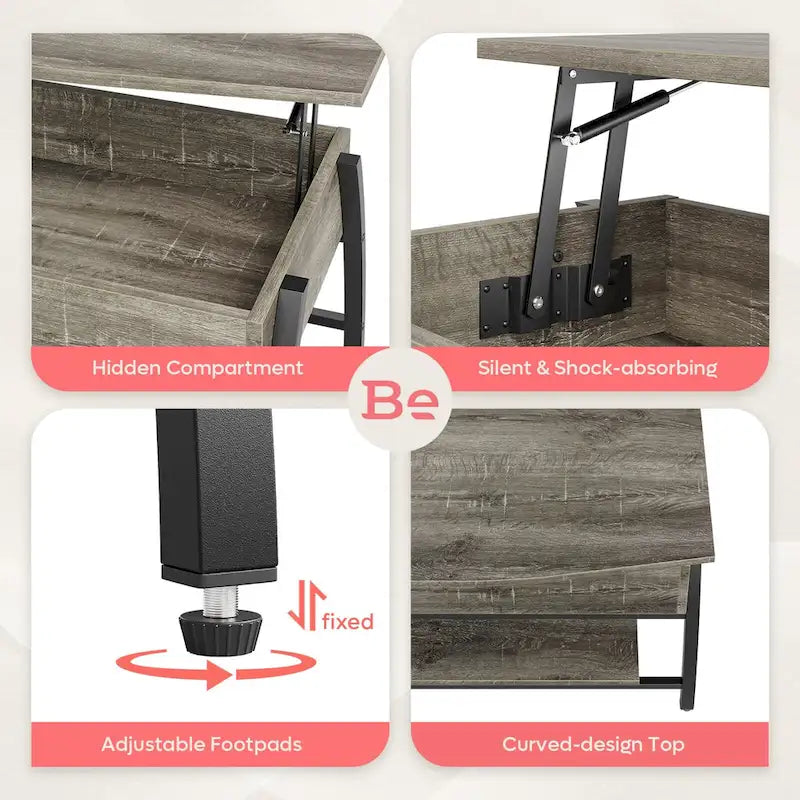 Tavolino da caffè ovale in legno con piano sollevabile e ripiani nascosti - 41,5 pollici