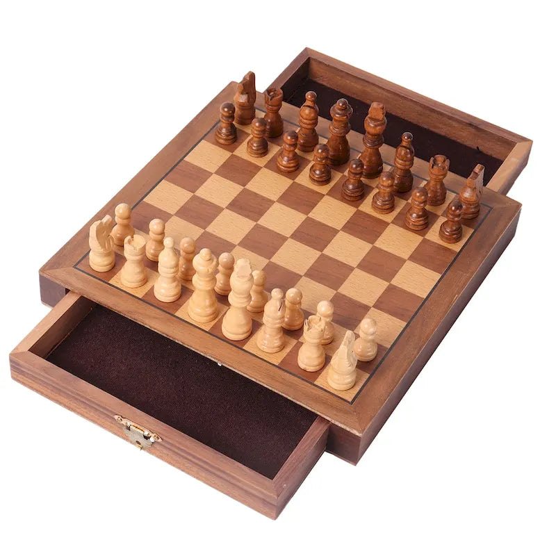GSE 10 Magnetic Travel Chess Set, Wooden Chess Board Game Set with Drawers, Classic Portable Chess Set