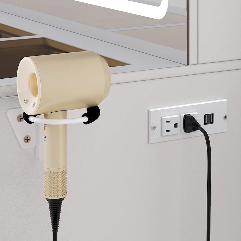 Scrivania da trucco Moasis 47 con LED e prese di corrente, tavolo da trucco con divisori e porta asciugacapelli