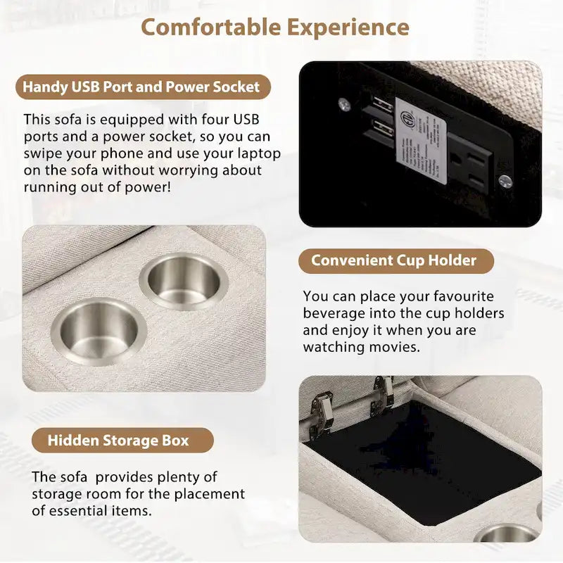 Divano angolare reclinabile elettrico 104, divano reclinabile per home theater, divani componibili con contenitore, portabicchieri, porte USB e alimentazione.