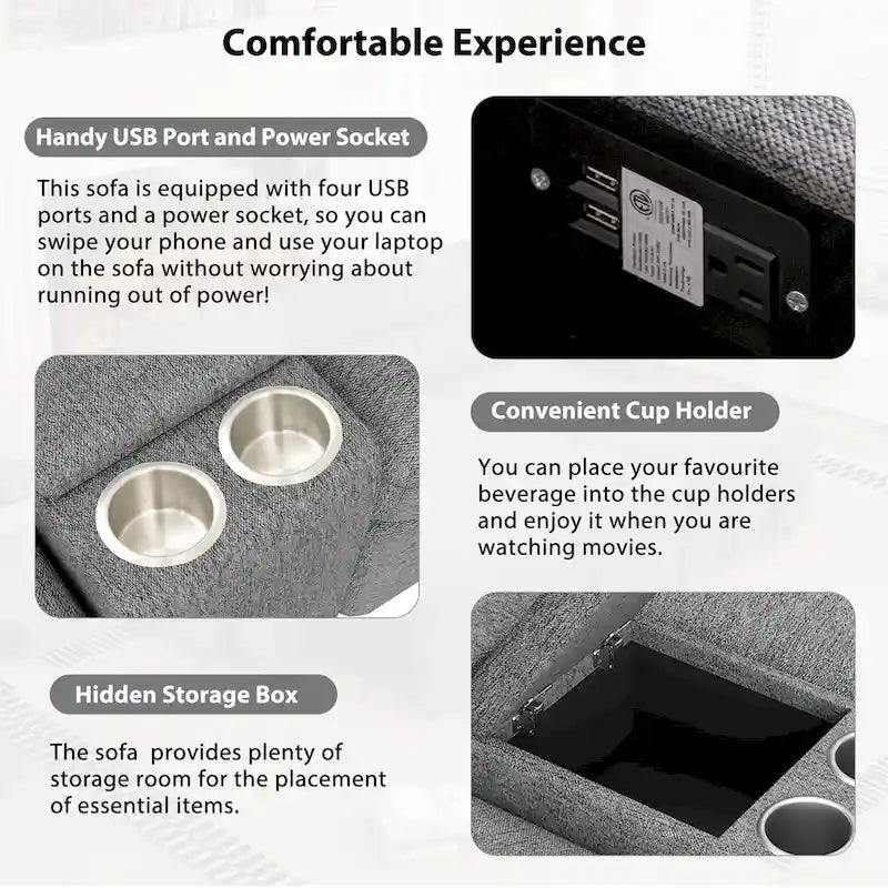 Divano angolare reclinabile elettrico 104, divano reclinabile per home theater, divani componibili con contenitore, portabicchieri, porte USB e alimentazione.