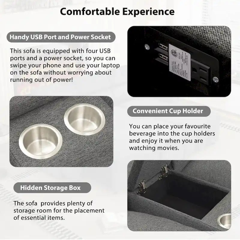 Divano angolare reclinabile elettrico 104, divano reclinabile per home theater, divani componibili con contenitore, portabicchieri, porte USB e alimentazione.