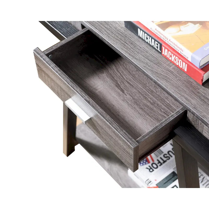 Tavolo consolle in legno con supporto per gambe angolate e cassetto, nero e grigio