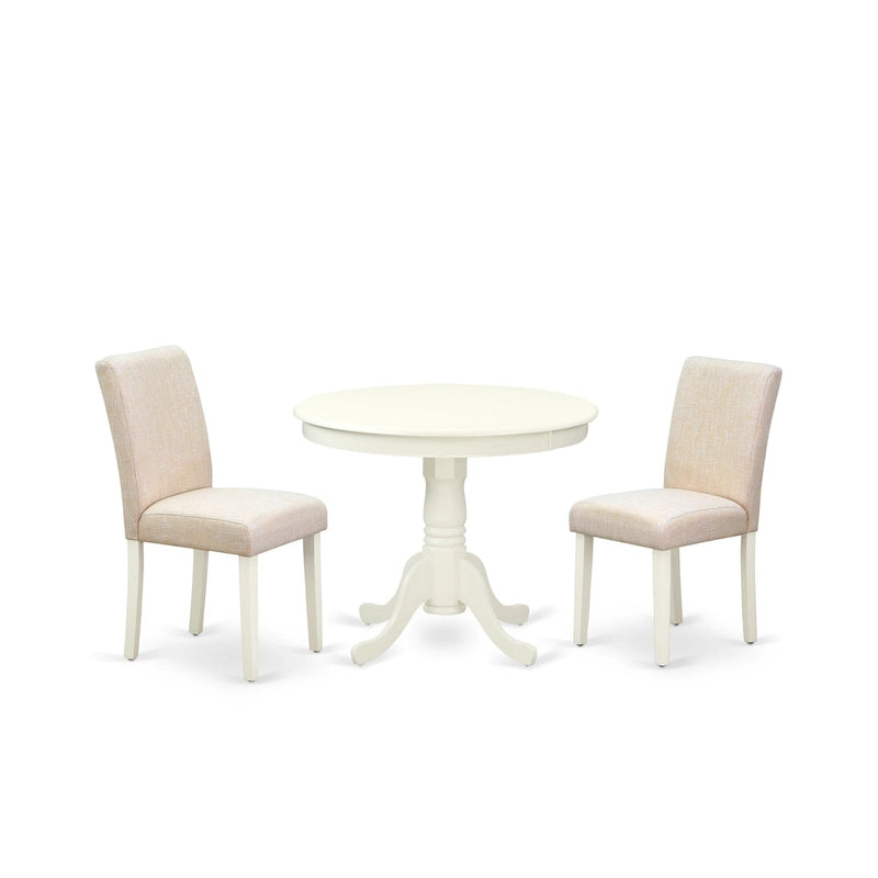 Set da pranzo East West Furniture: tavolo da cucina rotondo e sedie in tessuto di lino beige chiaro, lino bianco (opzioni pezzi)