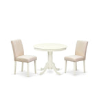 Set da pranzo East West Furniture: tavolo da cucina rotondo e sedie in tessuto di lino beige chiaro, lino bianco (opzioni pezzi)