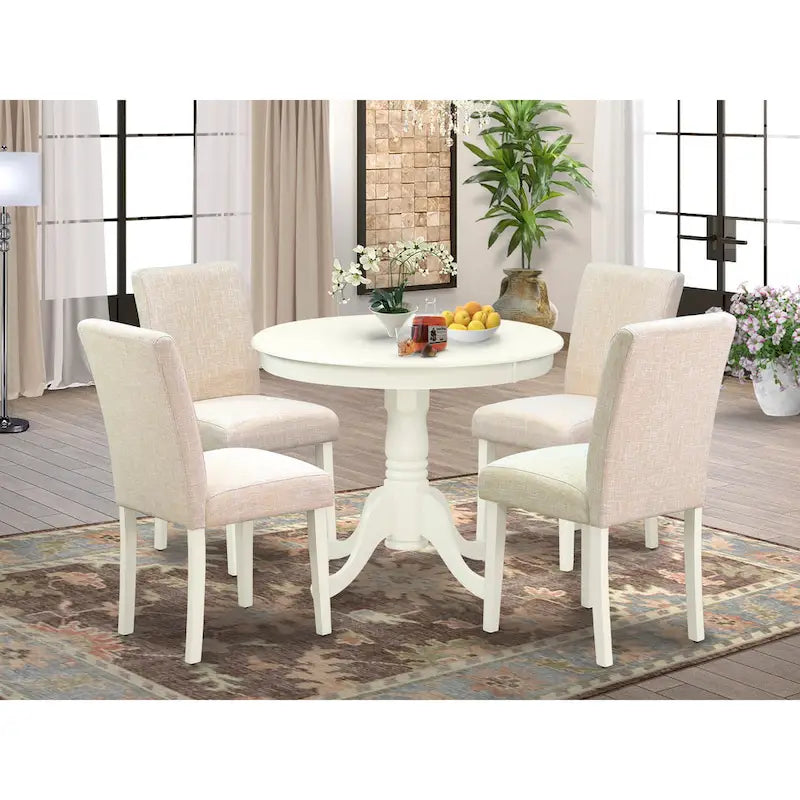 Set da pranzo East West Furniture: tavolo da cucina rotondo e sedie in tessuto di lino beige chiaro, lino bianco (opzioni pezzi)