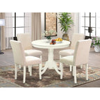 Set da pranzo East West Furniture: tavolo da cucina rotondo e sedie in tessuto di lino beige chiaro, lino bianco (opzioni pezzi)