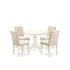 Set da pranzo East West Furniture: tavolo da cucina rotondo e sedie in tessuto di lino beige chiaro, lino bianco (opzioni pezzi)