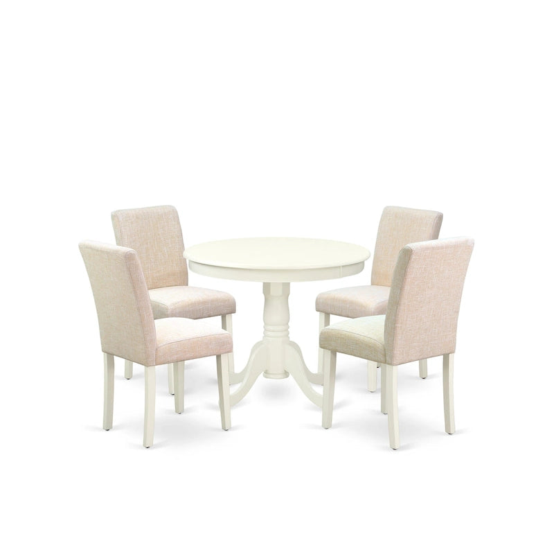 Set da pranzo East West Furniture: tavolo da cucina rotondo e sedie in tessuto di lino beige chiaro, lino bianco (opzioni pezzi)