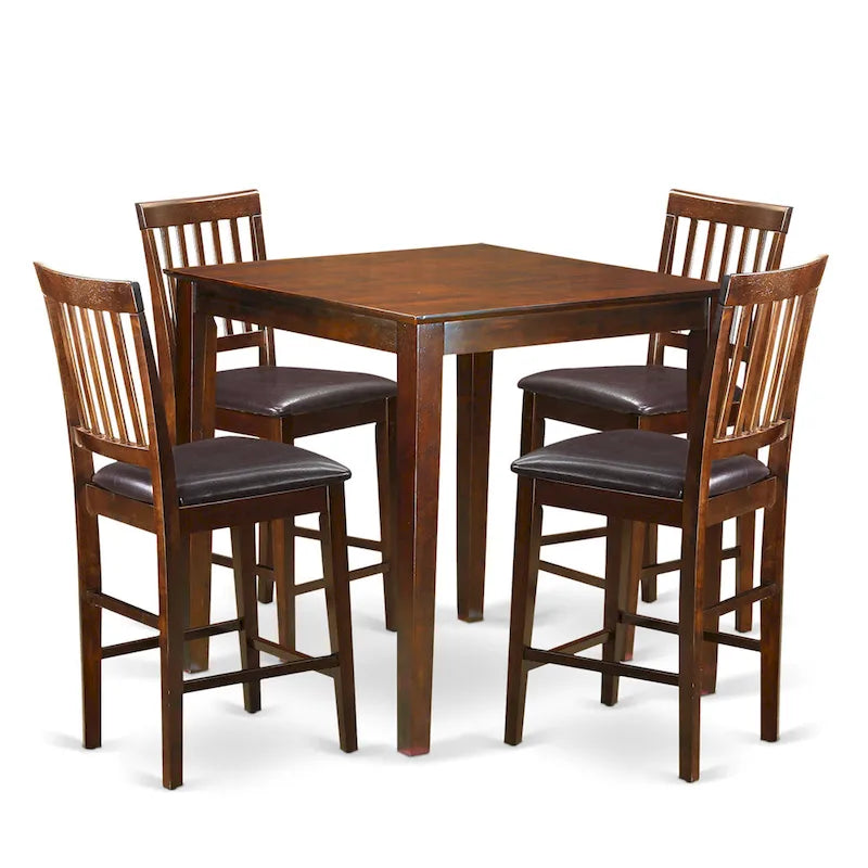 Set da pranzo East West Furniture da 5 pezzi, altezza bancone: tavolo quadrato e 4 sedie da cucina, mogano (opzioni per il tipo di seduta)