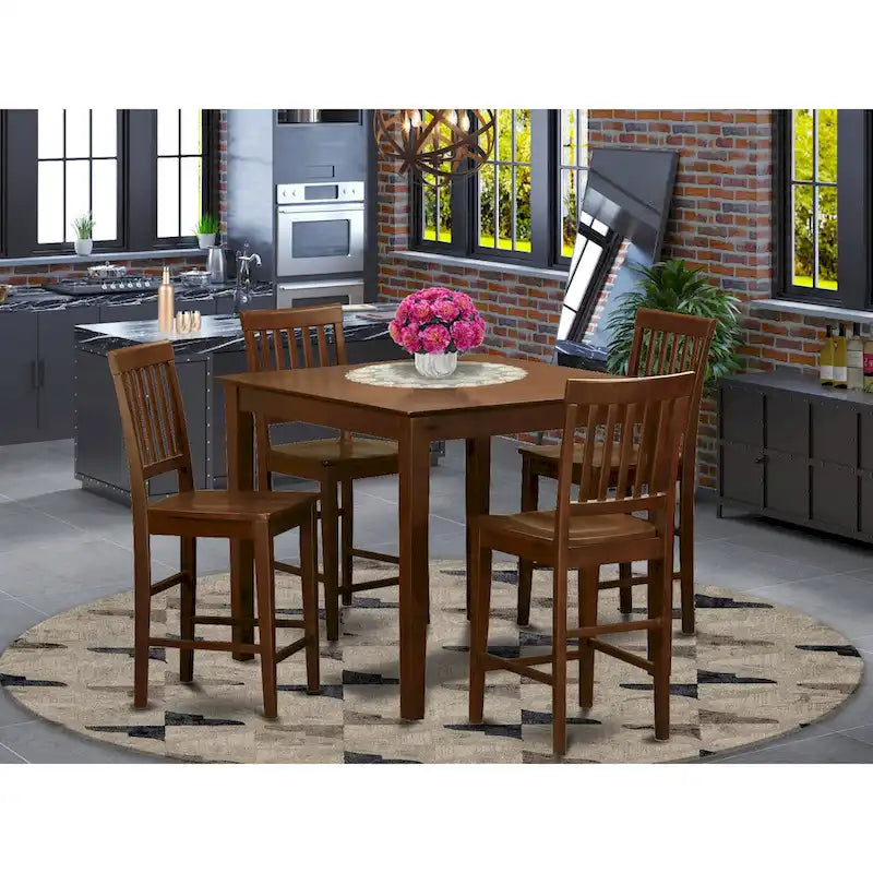 Set da pranzo East West Furniture da 5 pezzi, altezza bancone: tavolo quadrato e 4 sedie da cucina, mogano (opzioni per il tipo di seduta)